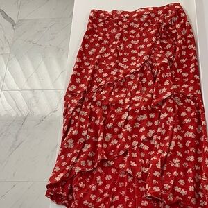 Madewell Red Asymmetrical Skirt with White Floral Pattern